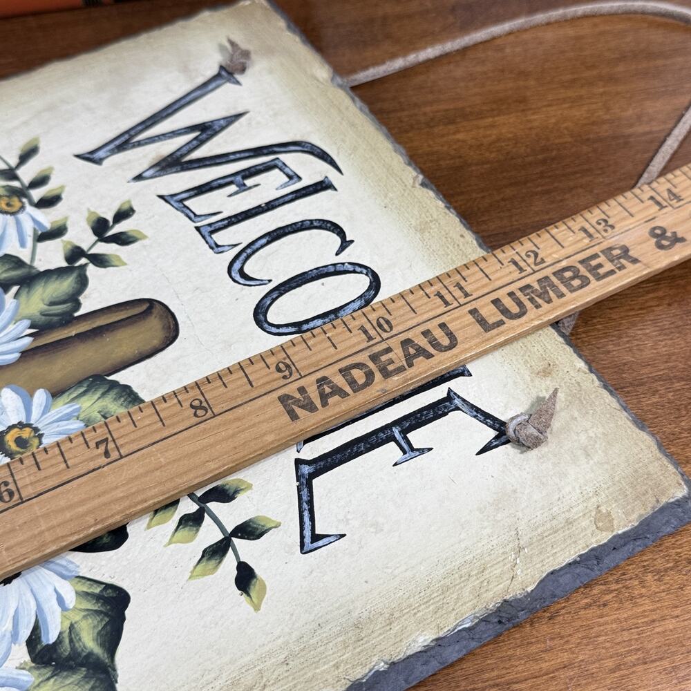 Vintage Welcome Sign Slate Plaque Hand Painted Daisy Basket Leather Hanger - Picture 5 of 5